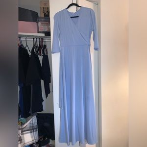 Baby blue maternity maxi dress, stretch, side slit, tie waist XL